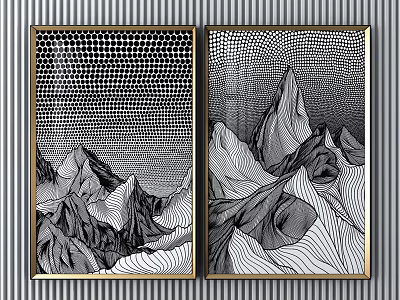Abstract Paintings Black And White Mountain Designs With Grid Patterns And Golden Frames 3d model