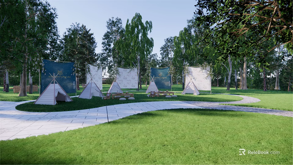 Garden Landscape Design With Teepee Tents Green Grass Stone Walkway And Trees 3d model 