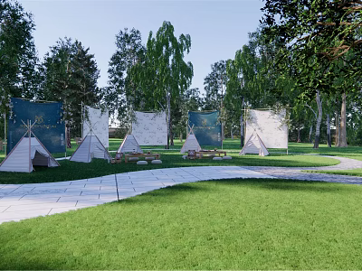 Garden Landscape Design With Teepee Tents Green Grass Stone Walkway And Trees 3d model