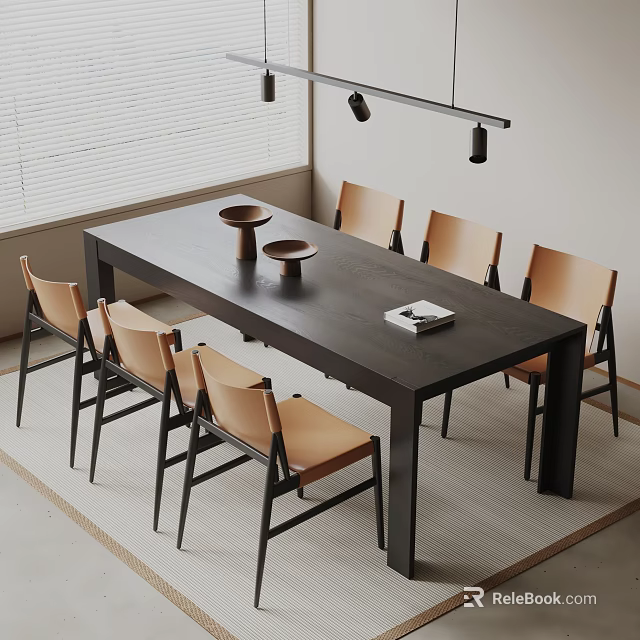 Modern Dark Wooden Dining Table Set With Brown Chairs Decorative Bowls And Pendant Lights 3d model 