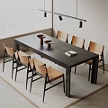 Modern Dark Wooden Dining Table Set With Brown Chairs Decorative Bowls And Pendant Lights