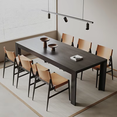 Modern Dark Wooden Dining Table Set With Brown Chairs Decorative Bowls And Pendant Lights 3d model