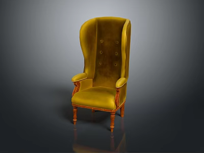 Yellow Velvet High Back Armchair With Button Tufted Design And Wooden Legs 3d model