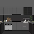 Sleek Modern Kitchen Interior With Dark Gray Cabinets White Countertop And Appliances