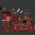 Vibrant Cartoon Scene With Traditional Red Multi layered Buildings Lanterns Smoke And Figures