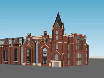 Commercial Complex With Red Brick Exterior Steeple Tower Arched Windows And Classical Design 3d model
