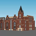 Commercial Complex With Red Brick Exterior Steeple Tower Arched Windows And Classical Design 3d model