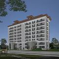 Modern Multi Story Residential Building With Green Lawn Trees And Outdoor Benches
