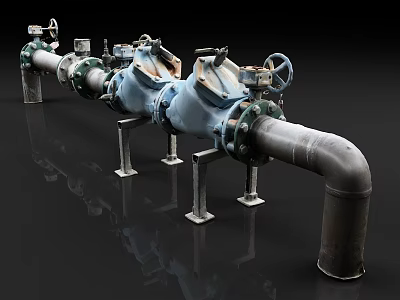 Industrial Equipment Steel Pipes Valves Flanges Mounted on Metal Supports for Fluid Control 3d model