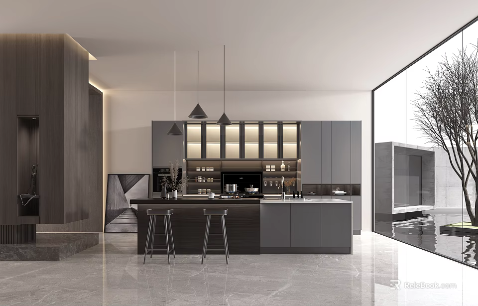 Modern Kitchen Interior With Dark Cabinets Island Counter And Hanging Lights 3d model 