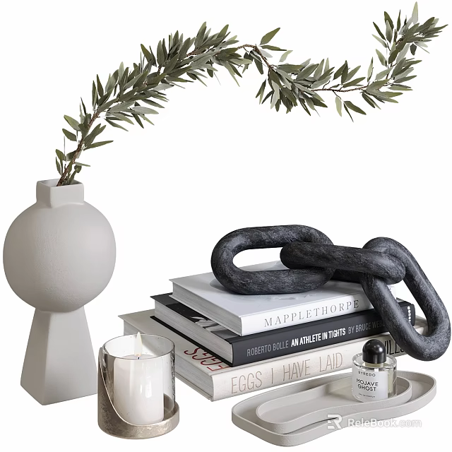 Modern Decorative Ornament Set Featuring Olive Branch Vase Black Chain Books Candle And Perfume Bottle 3d model 