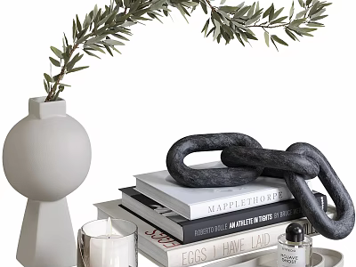 Modern Decorative Ornament Set Featuring Olive Branch Vase Black Chain Books Candle And Perfume Bottle 3d model