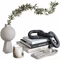 Modern Decorative Ornament Set Featuring Olive Branch Vase Black Chain Books Candle And Perfume Bottle