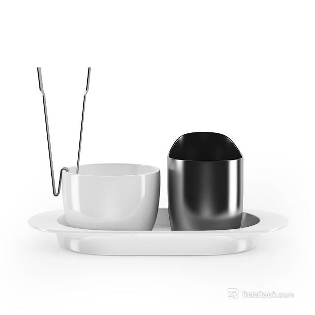 Modern Tableware Set With White Tray Black And White Cups And Metal Tongs 3d model 