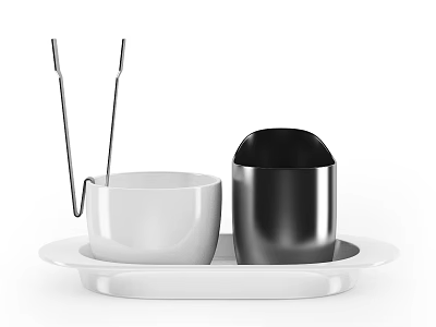 Modern Tableware Set With White Tray Black And White Cups And Metal Tongs 3d model