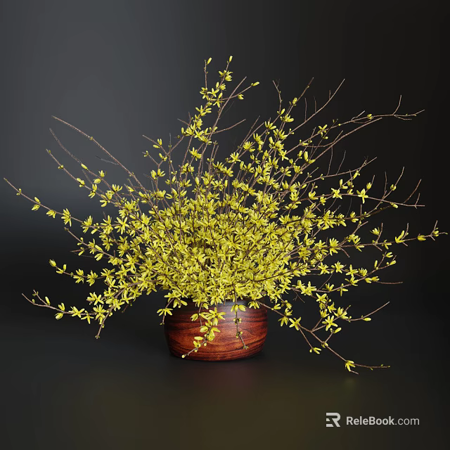 Yellow Blossom Flowers Arranged in Wooden Vase for Home Interior Decor 3d model 