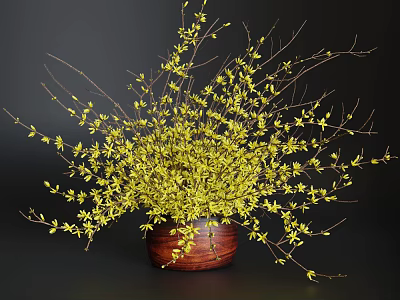 Yellow Blossom Flowers Arranged in Wooden Vase for Home Interior Decor 3d model