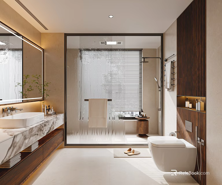Modern Bathroom Interior With Marble Countertop Large Mirror Wooden Accents And Open Shower 3d model 