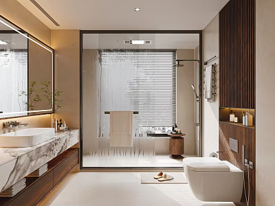 Modern Bathroom Interior With Marble Countertop Large Mirror Wooden Accents And Open Shower 3d model
