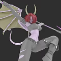 Woman with red hair horns and wings holding spear in purple gray outfit dynamic pose 3d model