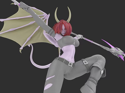 Woman with red hair horns and wings holding spear in purple gray outfit dynamic pose 3d model