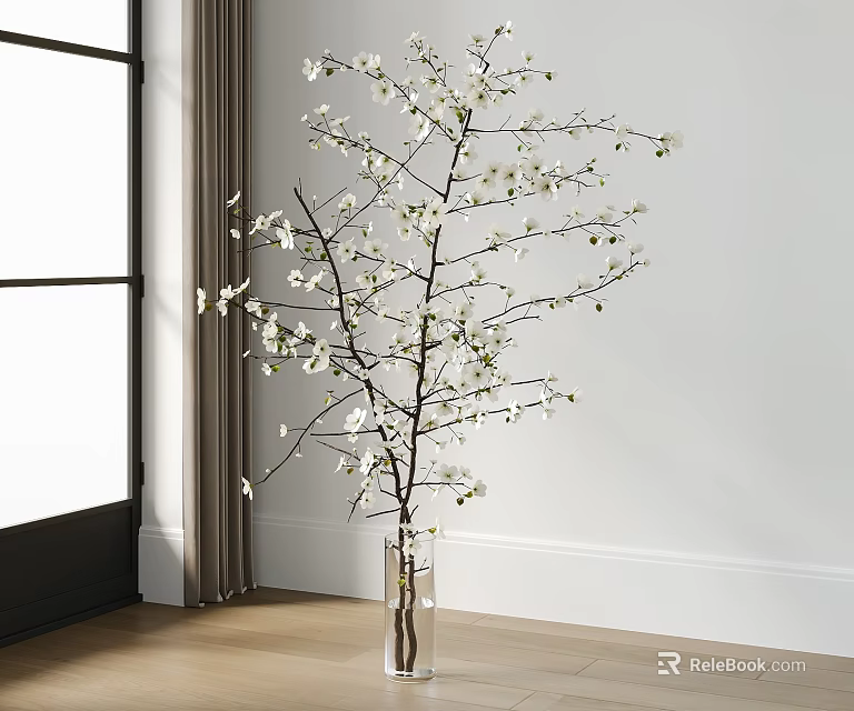 Transparent Glass Vase With White Flowering Branches Against White Wall And Wooden Floor 3d model 