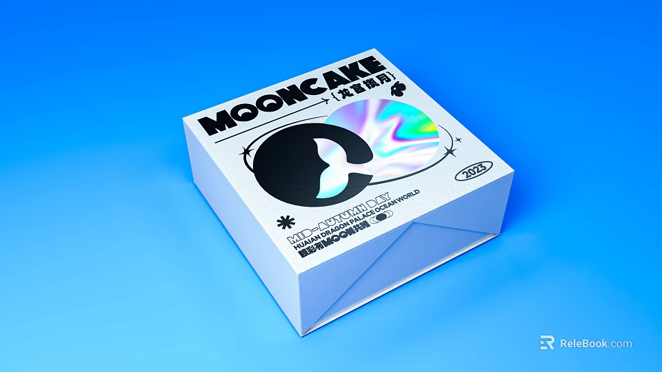 MOONCAKE Packaging Box White With Black Circle Design And Colorful Reflective Effect On Blue Background 3d model 