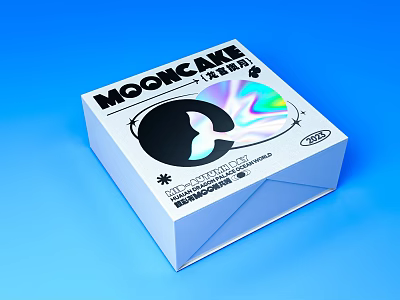 MOONCAKE Packaging Box White With Black Circle Design And Colorful Reflective Effect On Blue Background 3d model