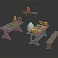 Rustic Stone Dining Table Set With Benches Clay Jars Bread Plates And Bowls 3d model