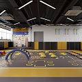 Indoor Kids Play Space With Colorful Equipment Arch Blocks And Yellow Black Floor Patterns