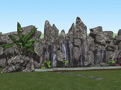 Garden Ornamental Scene With Rock Formations Waterfalls Green Plants And Stone Pathway 3d model