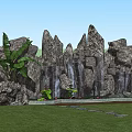 Garden Ornamental Scene With Rock Formations Waterfalls Green Plants And Stone Pathway