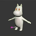White 3D Cartoon Character With Big Blue Eyes Open Arms On Dark Background