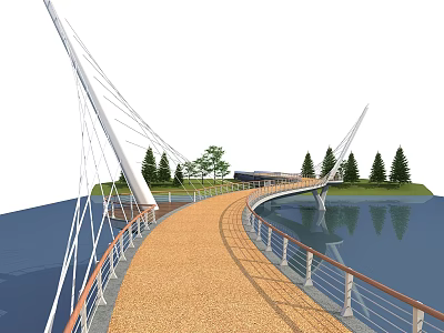 Modern Cable Stayed Bridge With Wooden Walkway Along Waterfront And Green Trees 3d model
