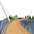 Modern Cable Stayed Bridge With Wooden Walkway Along Waterfront And Green Trees