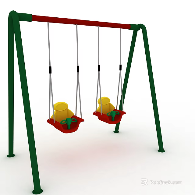 Outdoor Children's Playground Swings With Green Frame Red Seats Yellow Dolls And Green Toys 3d model 