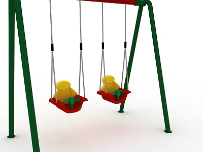 Outdoor Children's Playground Swings With Green Frame Red Seats Yellow Dolls And Green Toys 3d model