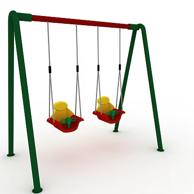 Outdoor Children's Playground Swings With Green Frame Red Seats Yellow Dolls And Green Toys 3d model