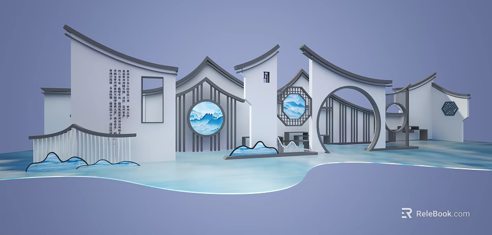 Traditional Chinese Architecture Featuring White Walls Circular Windows With Landscape Patterns And Water Elements 3d model
