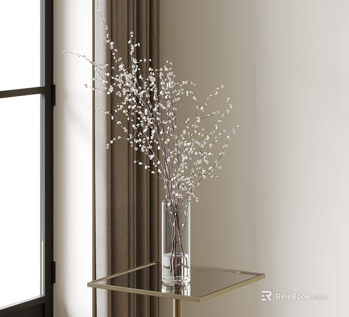 Glass Vase With White Flower Branches On Gold Frame Glass Table Near Window With Curtain 3d model 