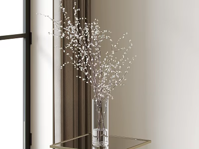 Glass Vase With White Flower Branches On Gold Frame Glass Table Near Window With Curtain 3d model