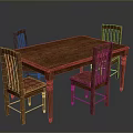 Wooden Dining Table With Four Chairs And Red Upholstered Seats Classic Design