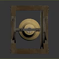 Antique Bell Structure With Golden Bell Body And Metal Wheels On Wooden Base