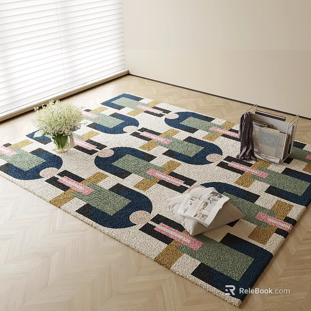 Square Area Rug With Geometric Pattern Blue Green Pink Tones For Living Room 3d model 