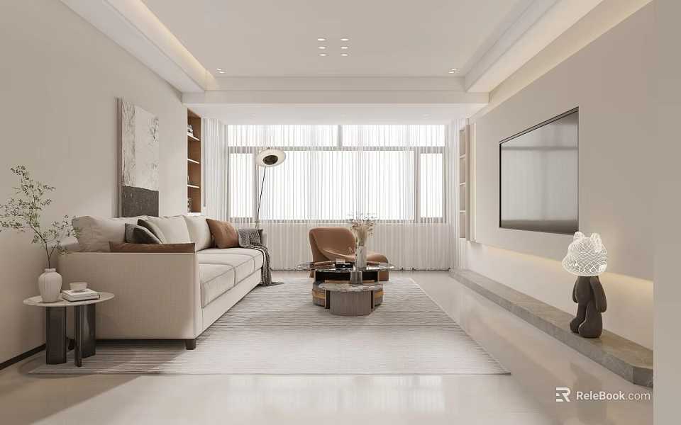 Modern Minimalist Living Dining Room Interior With Sofa TV Rug And Floor Lamp 3d model 
