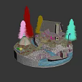 Cartoon Scene With Cozy Small House Lush Green Trees Blue Stream Boat Grass And Rocks