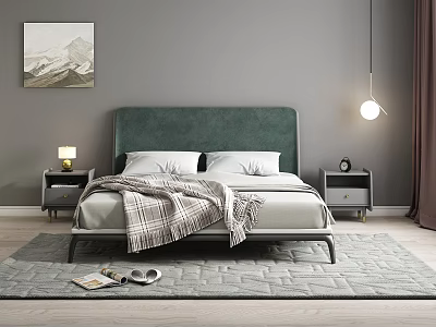 Double Bed with Green Upholstered Headboard White Pillows Plaid Blanket Nightstands Lamp and Mountain Painting 3d model