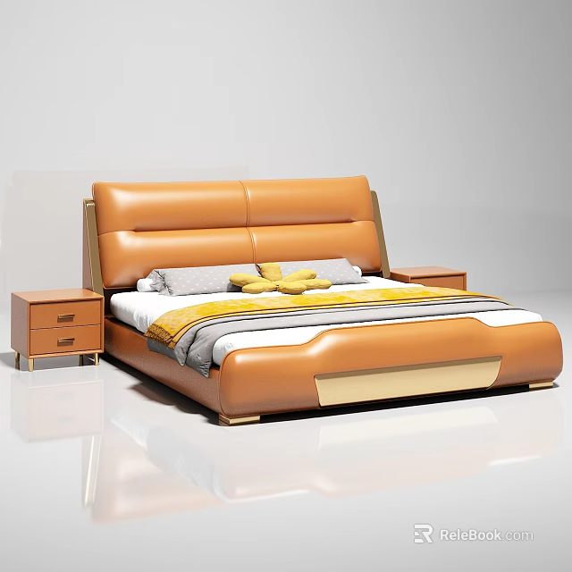 Modern Orange Leather Upholstered Double Bed with Wooden Nightstands Pillows and Blanket 3d model 