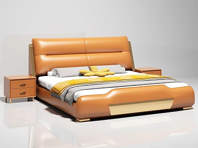 Modern Orange Leather Upholstered Double Bed with Wooden Nightstands Pillows and Blanket 3d model