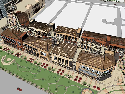 Traditional Commercial Street With Plaza Greenery Outdoor Seating And Pedestrian Walkways 3d model